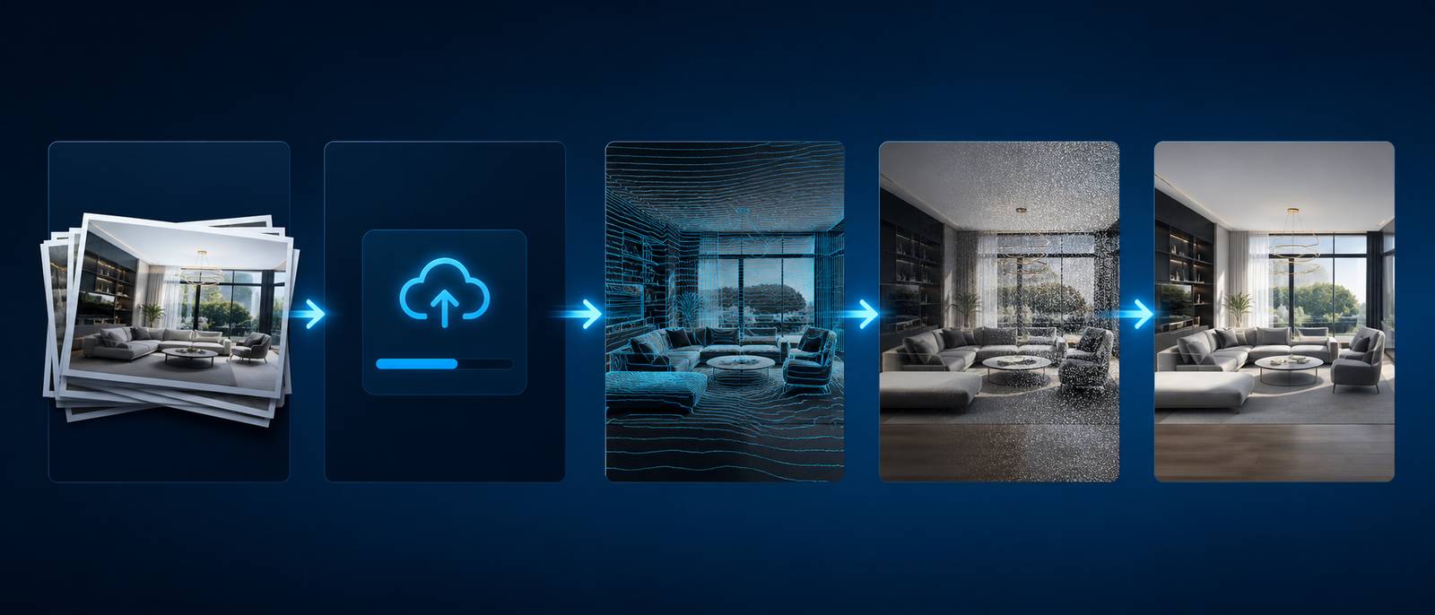 The AI property video generation process from photo upload through to finished video export