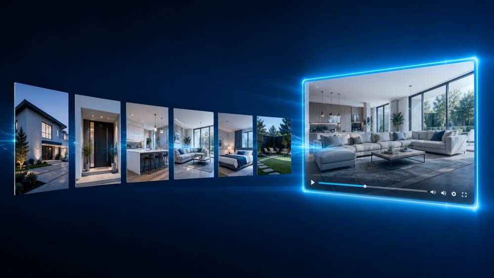 AI real estate video maker turning a set of listing photographs into a cinematic property video