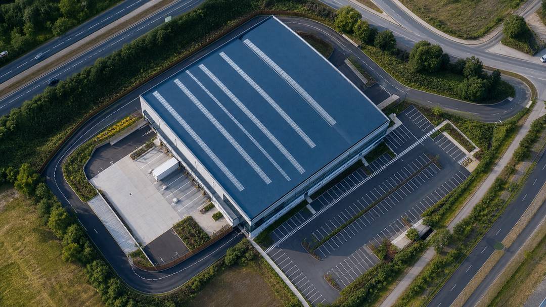 Aerial site context of a commercial property showing access, parking and surrounding development
