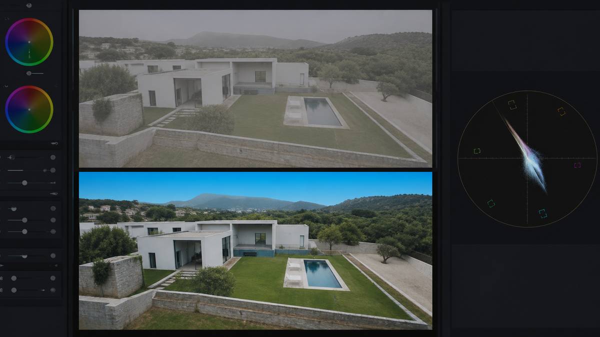 Drone footage colour matched to interior camera footage using scopes