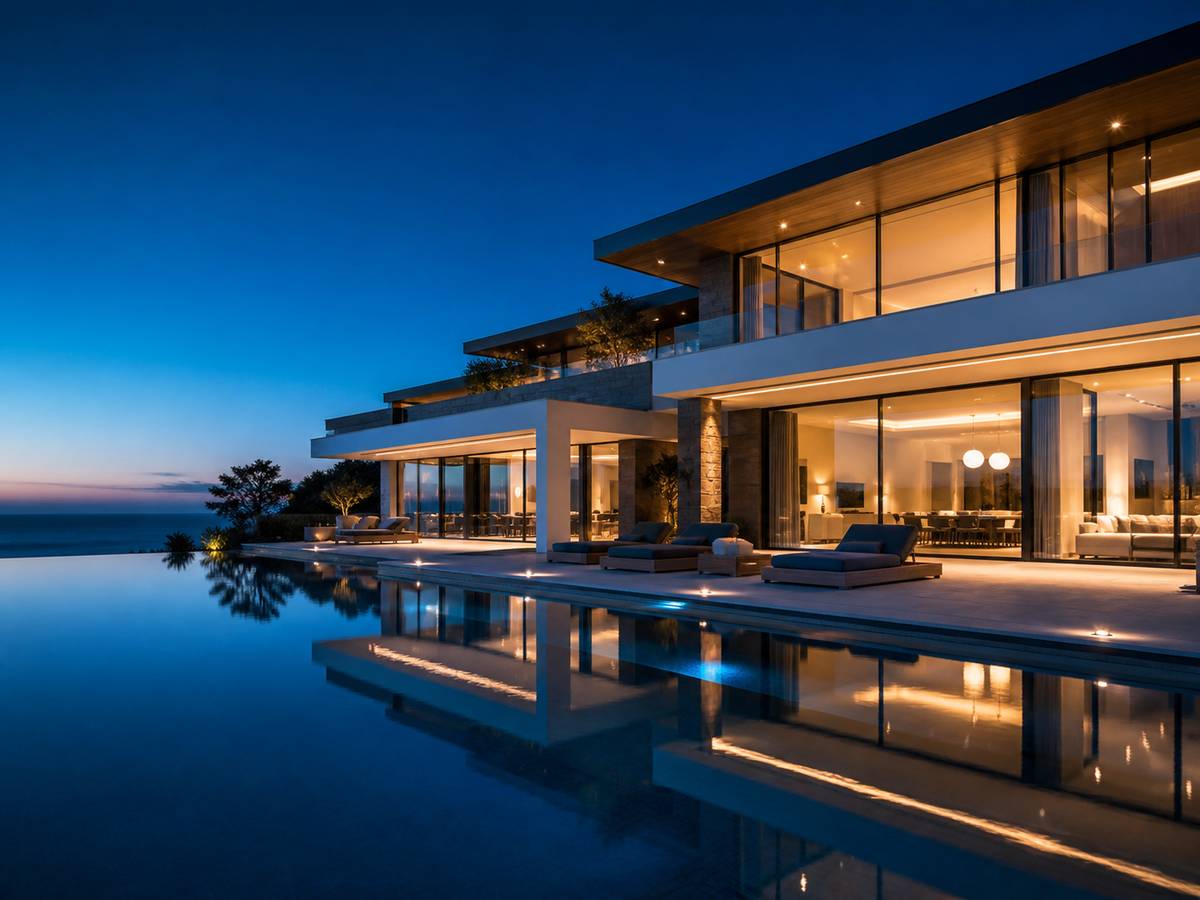 Luxury real estate video editing — a cinematic frame of a high-end property at dusk