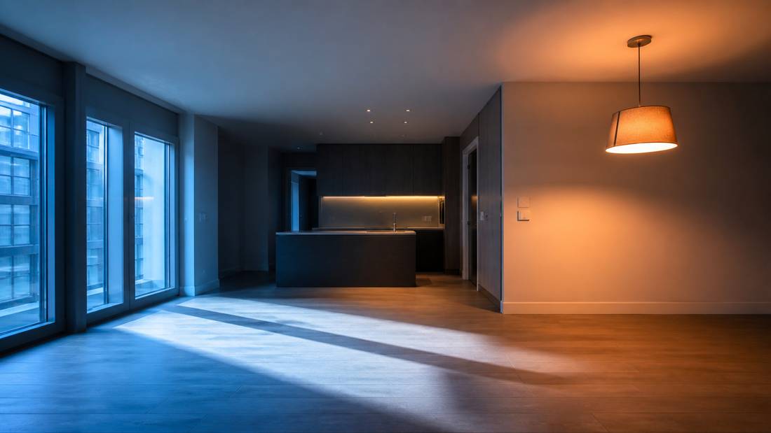 Mixed interior lighting in a property — daylight from a window and warm tungsten light in the same room