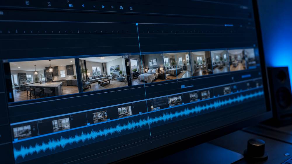Professional real estate video editing service — raw property footage clips being assembled on an editing timeline