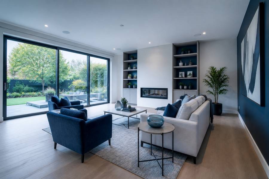 Property listing video editing — a bright modern living room framed as a listing video shot