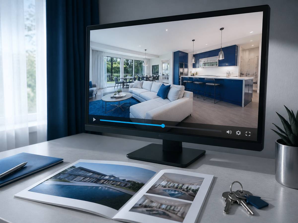 Property listing video editing — a finished listing video playing on a monitor beside property details