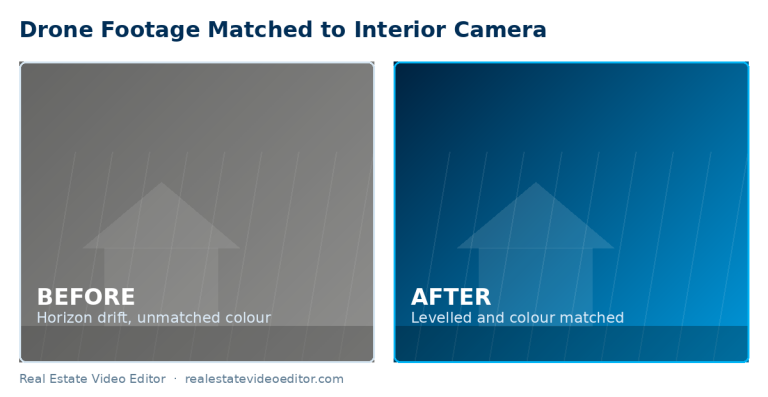 Before and after real estate drone video editing showing horizon correction and colour matching between aerial and interior footage