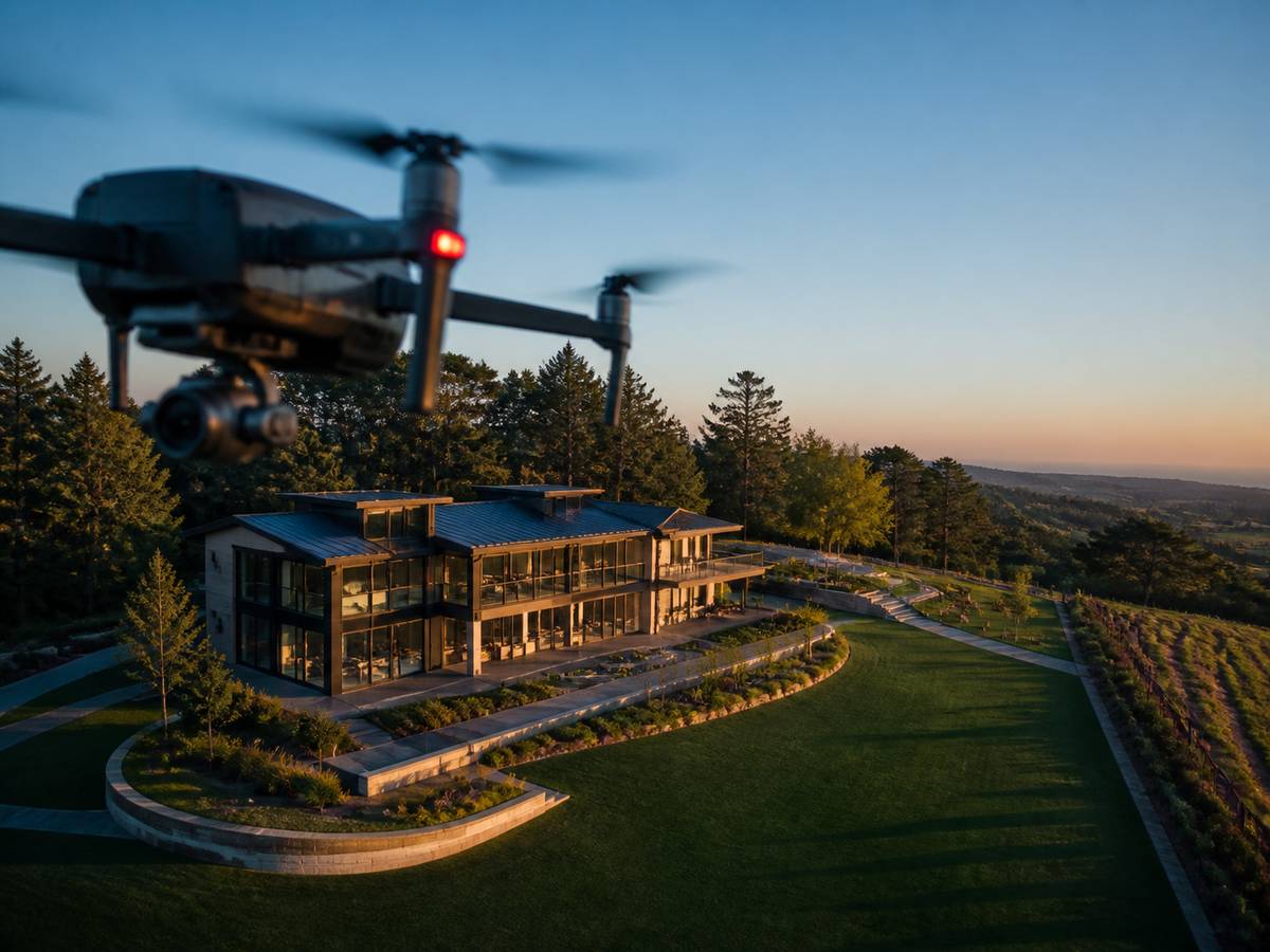 Real estate drone video editing — aerial property footage being colour graded to match interior camera footage