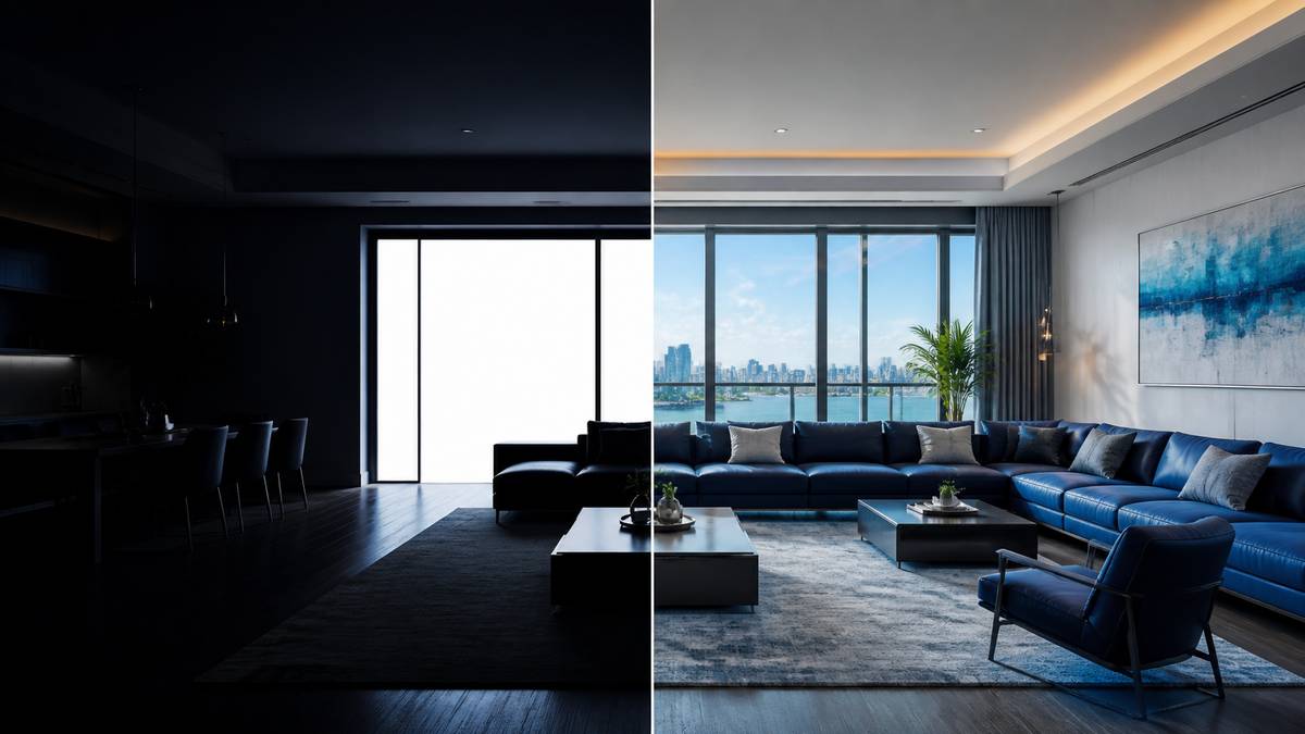 Real estate photo editing showing HDR blending and window pull on an interior image
