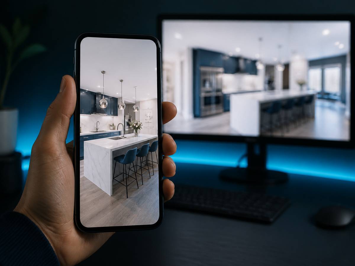Real estate reels editing — a vertical property video playing on a phone held in portrait