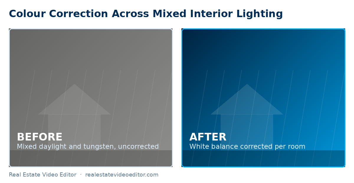 Before and after real estate video colour correction showing white balance corrected per room across mixed interior lighting