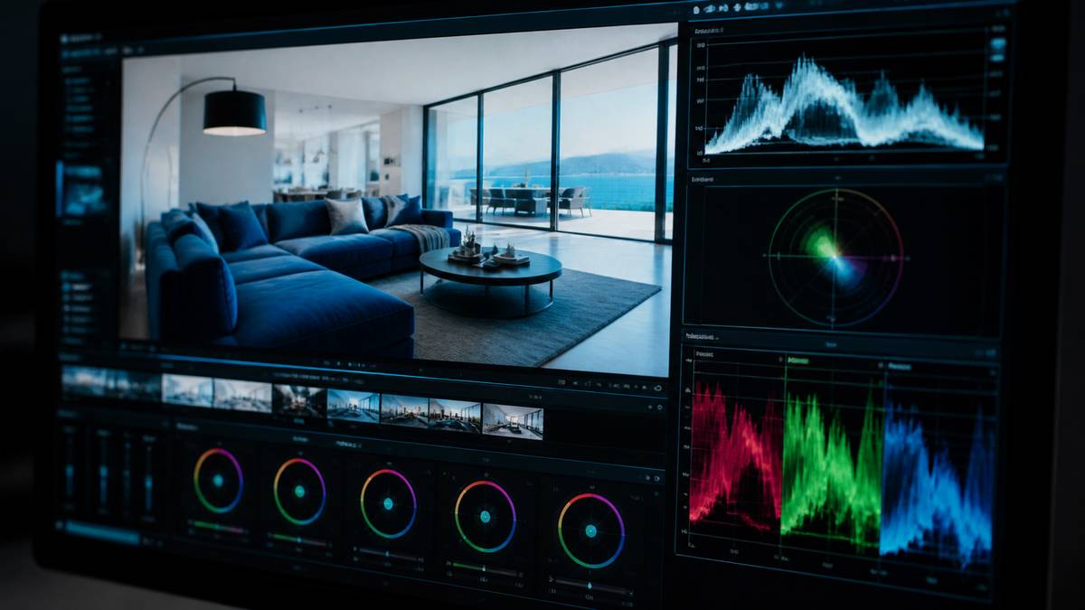 Colour grading a real estate video with scopes showing exposure and white balance correction