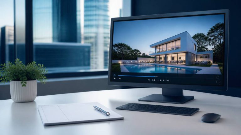 Real estate video editing cost guide with a property video and invoice document