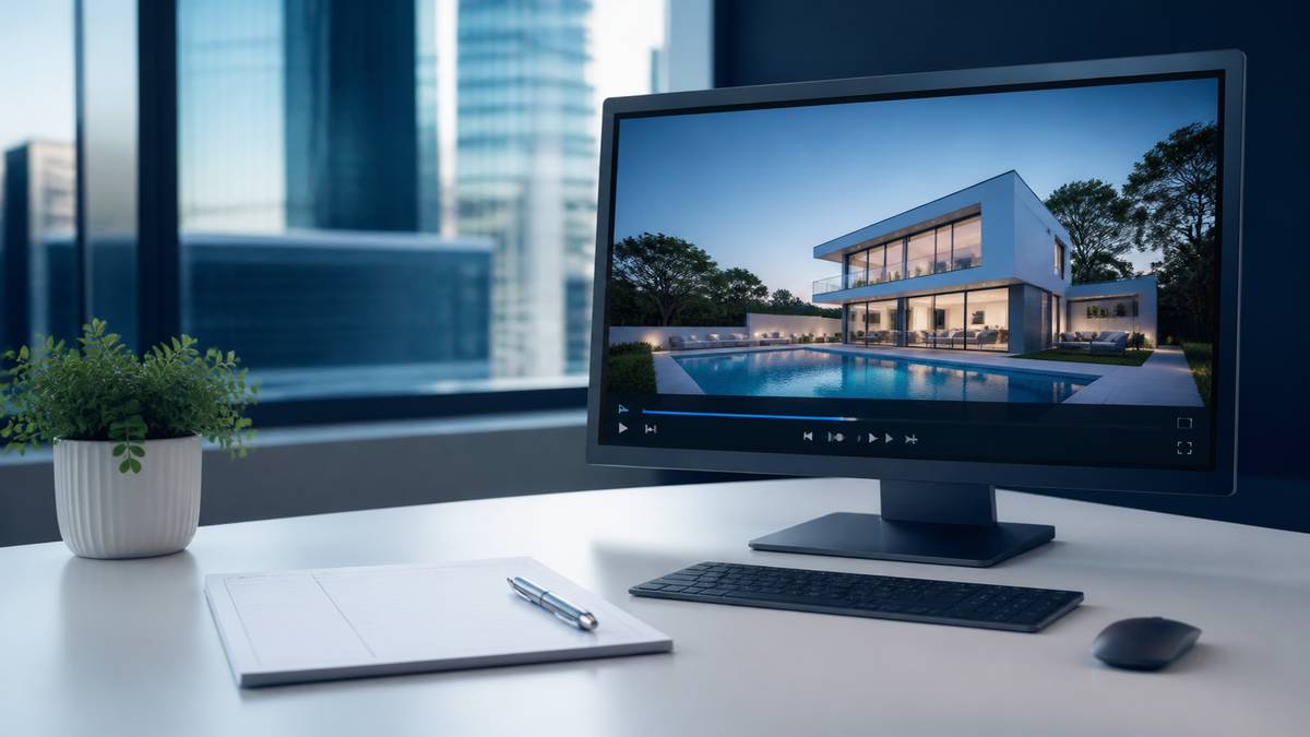 Real estate video editing cost guide with a property video and invoice document