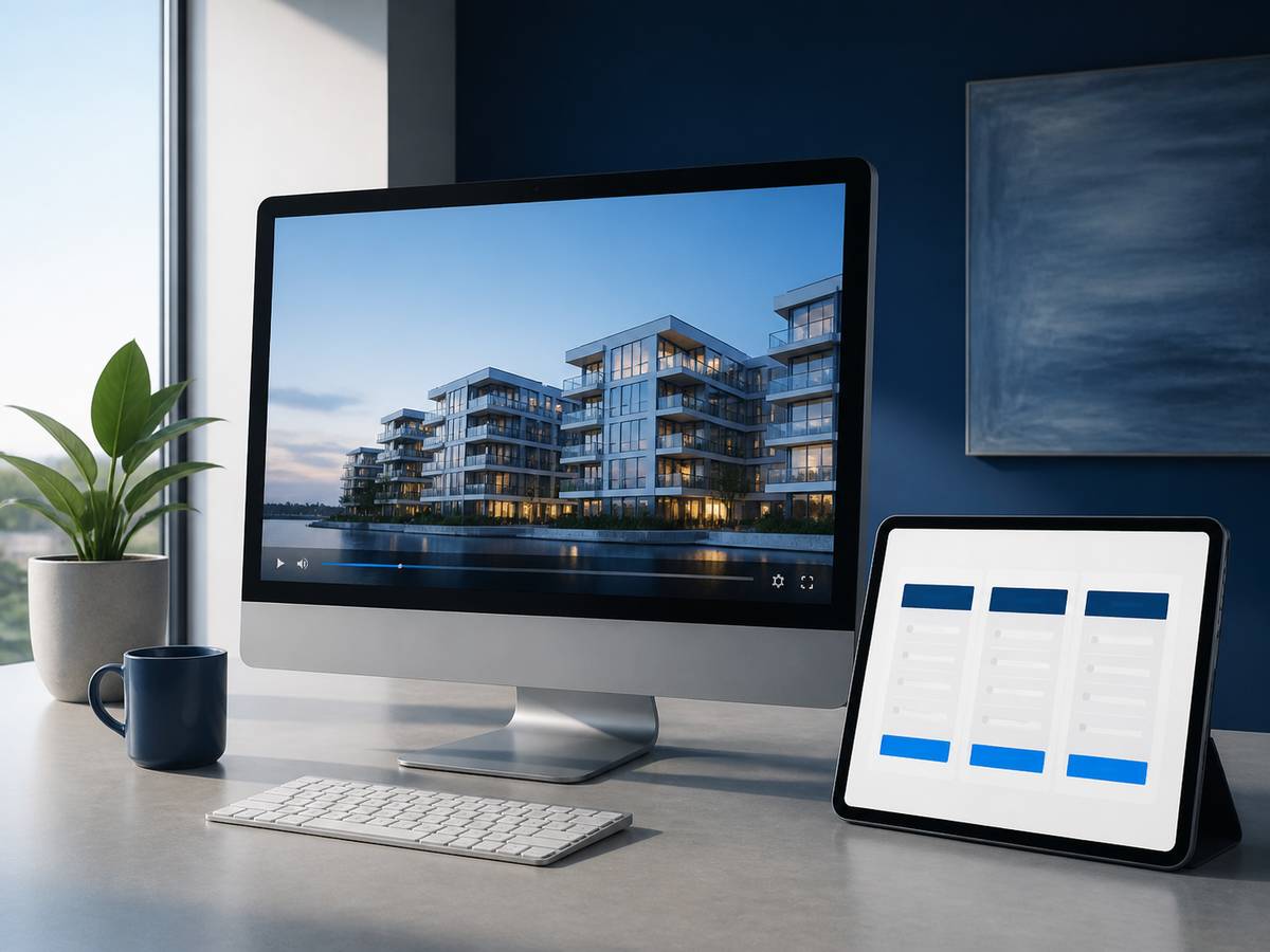 Real estate video editing pricing shown alongside a finished property video