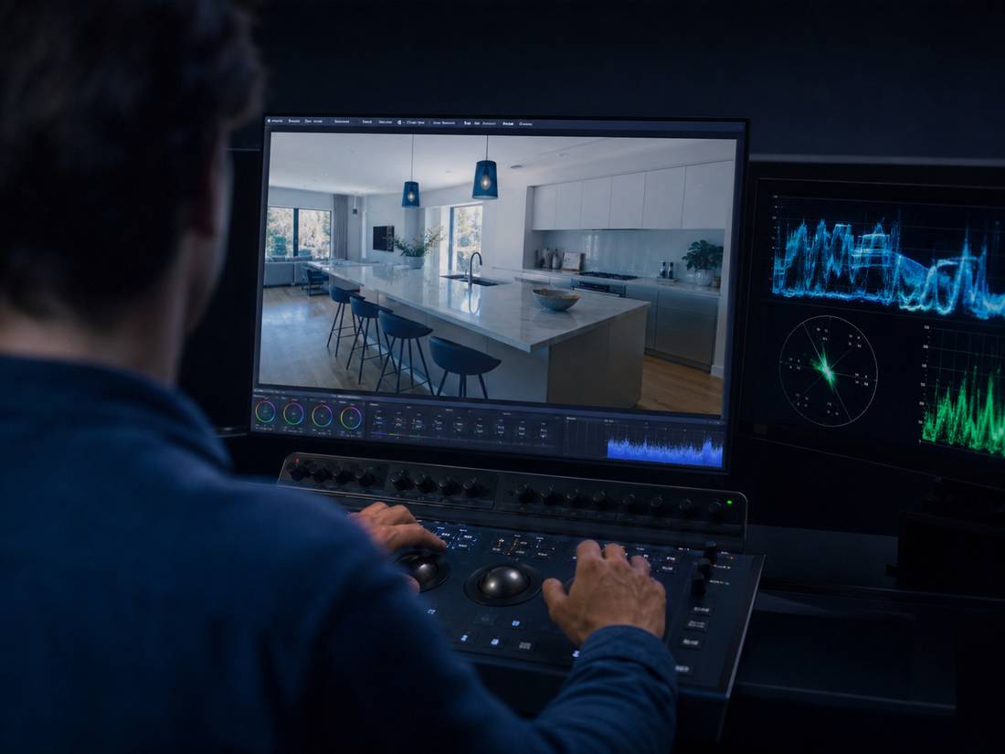 Real estate video editing process showing colour grading scopes and a property interior being corrected