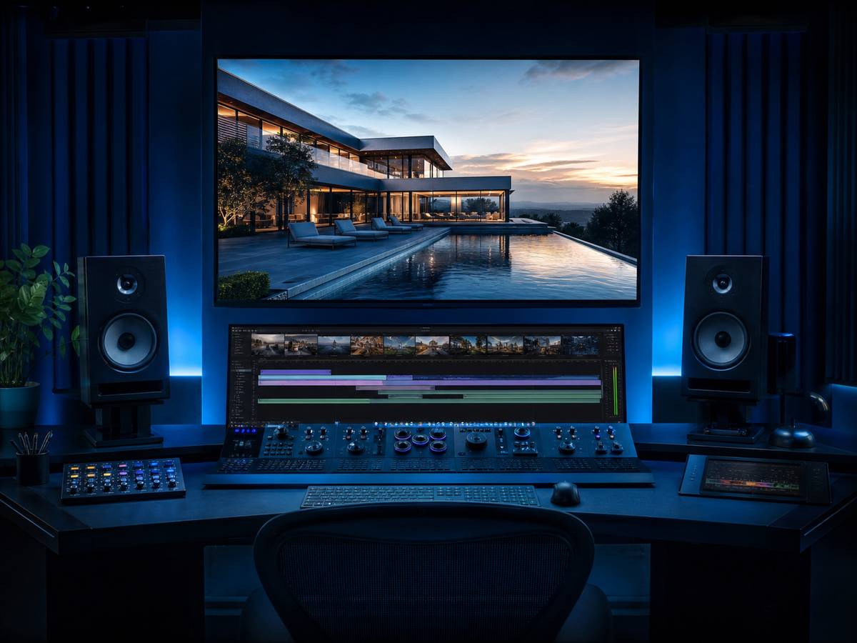 Real estate video editing services — property footage being graded on a professional editing timeline