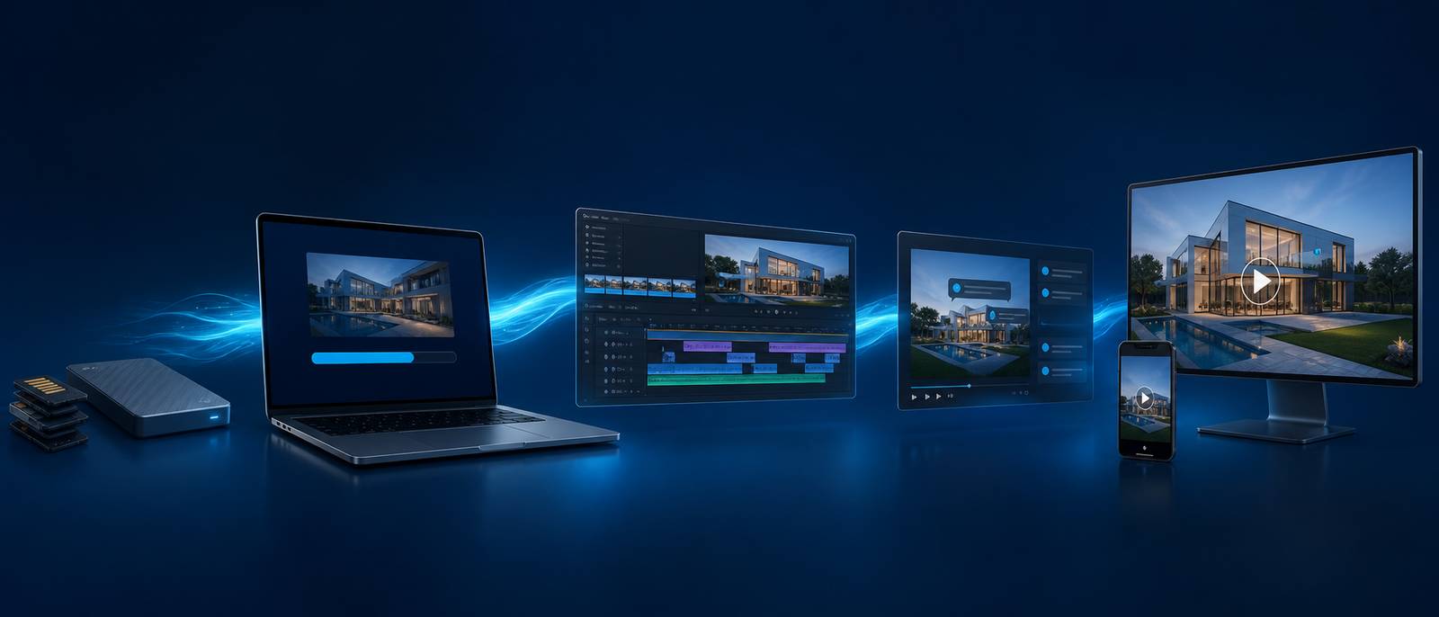 Real estate video editing workflow from footage upload through review to final delivery