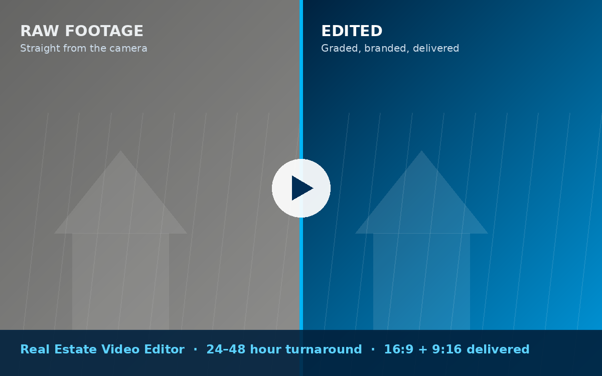 Real estate video editor before and after — raw property footage on the left, professionally graded and branded listing video on the right
