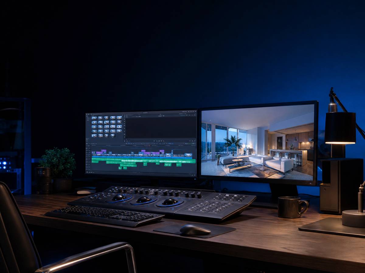 Real estate video editor workstation showing a property listing video being colour graded on a dual-monitor editing timeline