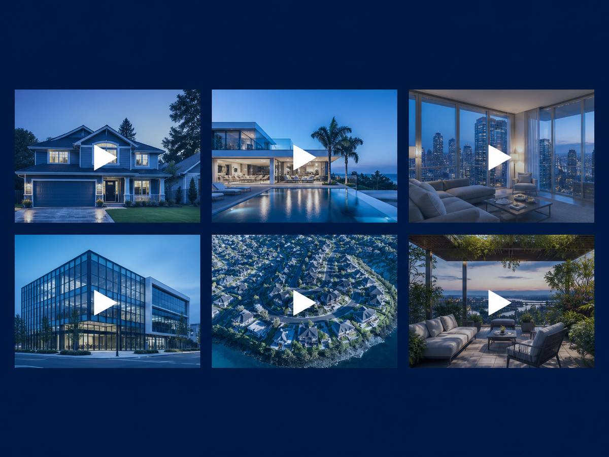 Real estate video examples across listing, drone, walkthrough and luxury property work