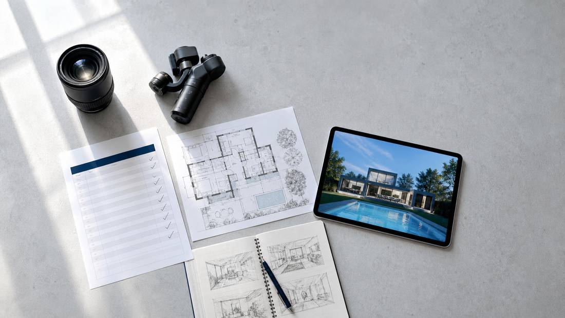 Real estate video production planning with a shot list and property floor plan