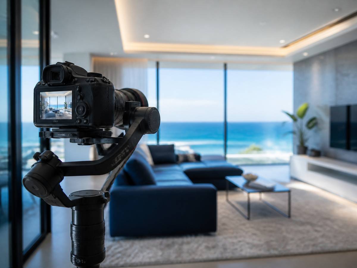Real estate video production services — a gimbal camera setup filming a property interior