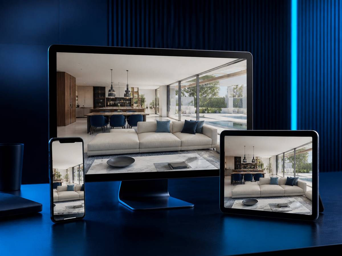 Real estate video services — a property video being edited across multiple delivery formats