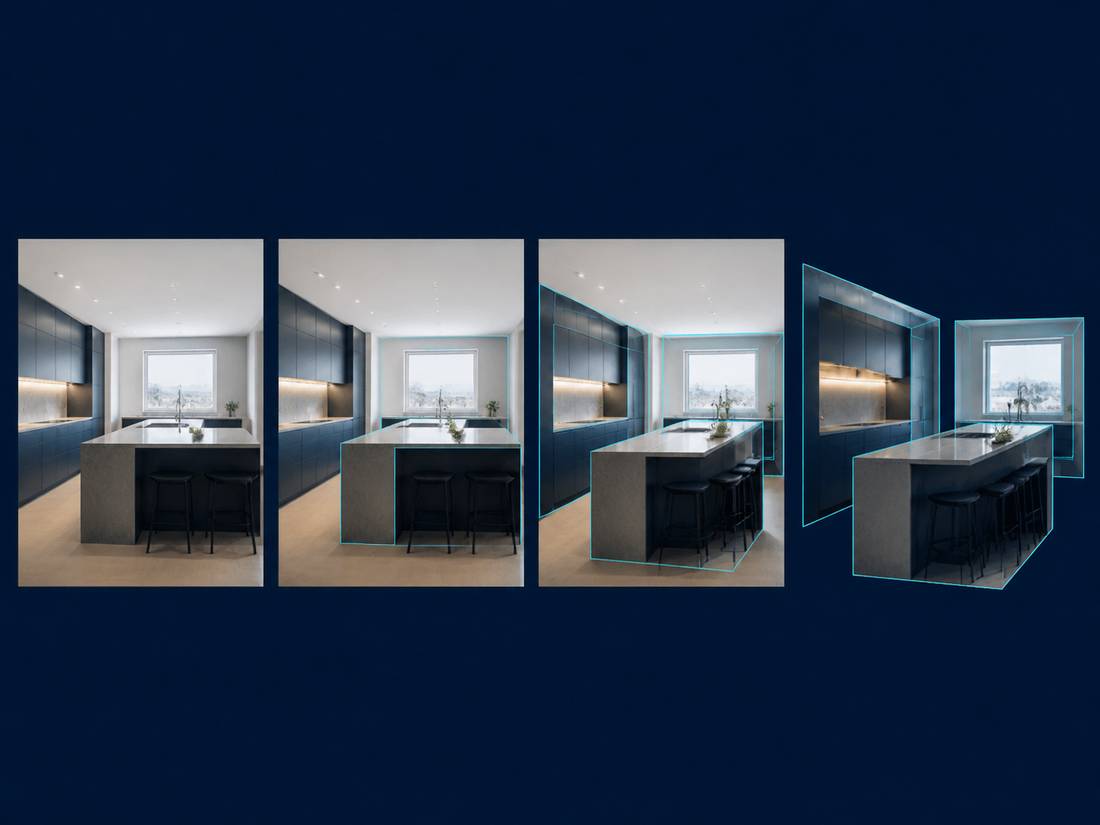 Turning listing photos into a property video — still photographs transforming into moving video frames