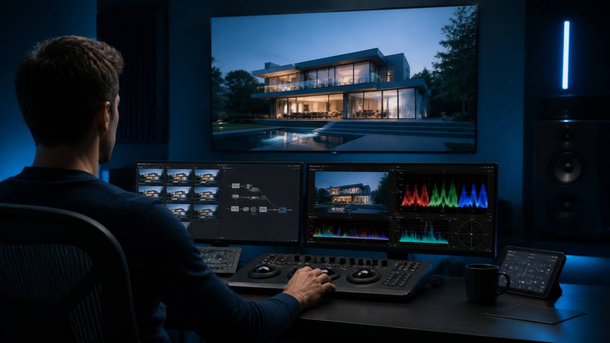 What a real estate video editor does in a professional colour grading suite